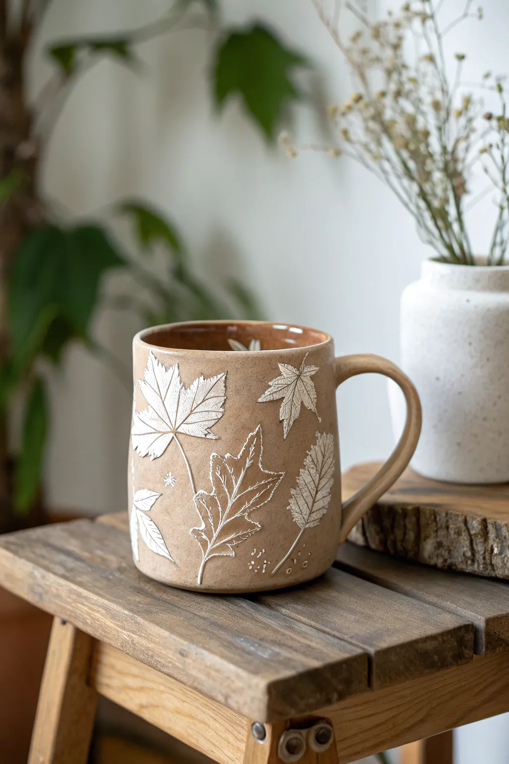 Embrace the beauty of the seasons with this artisanal clay mug, a perfect blend of craftsmanship and nature's elegance.