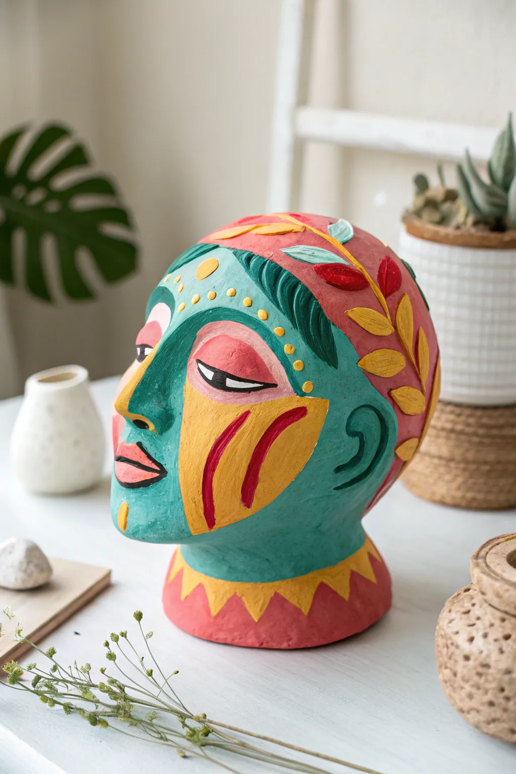 Bold hues bring this clay face sculpture to life, merging artistry with minimalist elegance.