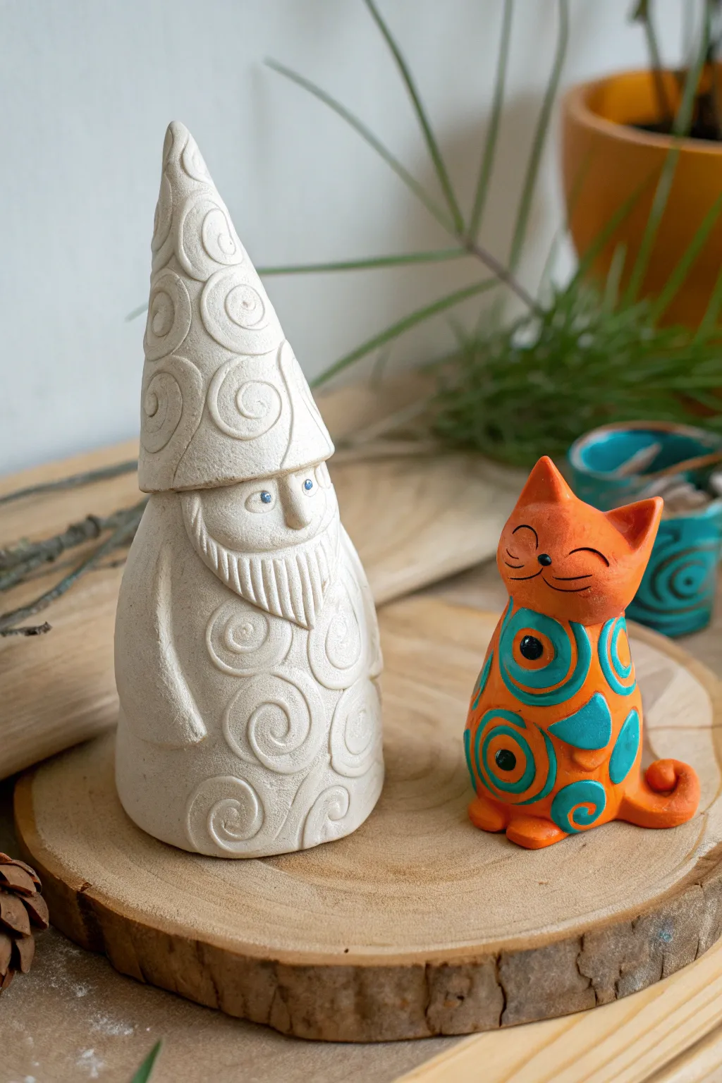 Add a touch of whimsy to your decor with a charming clay gnome and its vibrant pet companion.