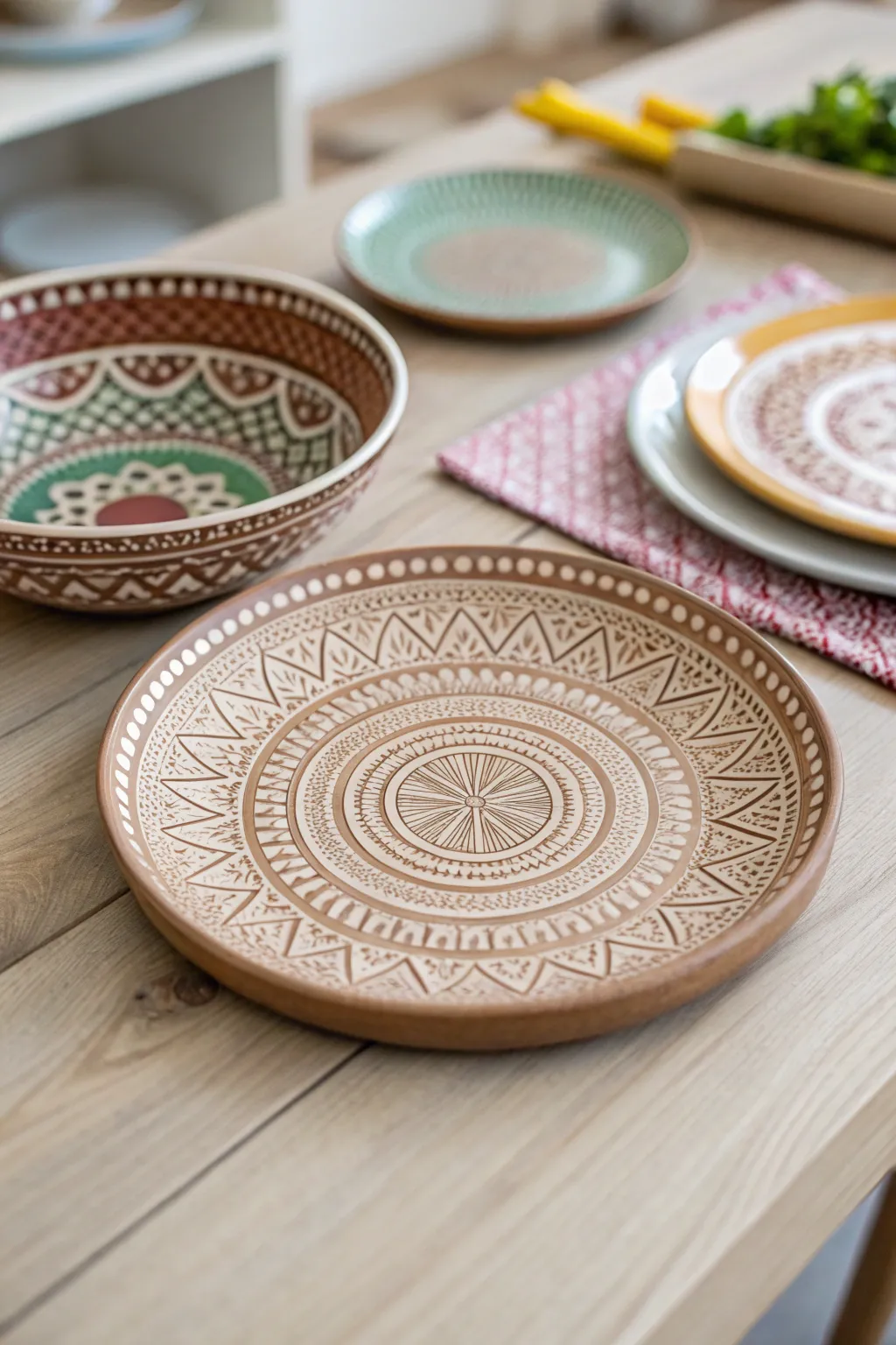 Elevate your table setting with a mix and match clay plate collection that celebrates artistic variety and craftsmanship.