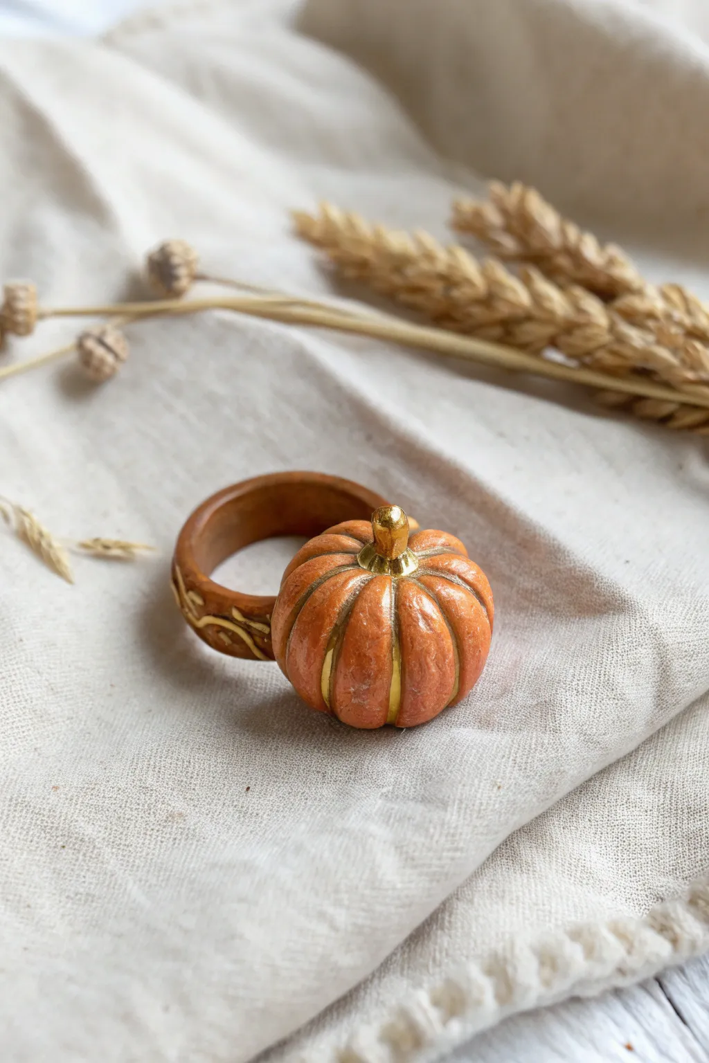 Embrace autumn's charm with a handcrafted pumpkin ring, a perfect blend of simplicity and seasonal beauty.
