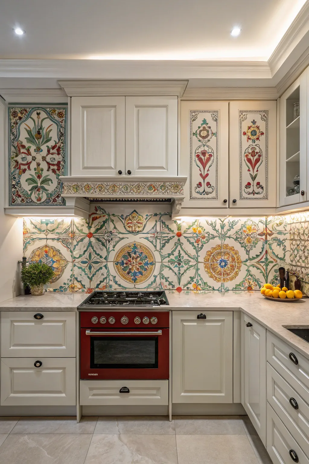 A custom backsplash serves as a stunning focal point in a closed kitchen.