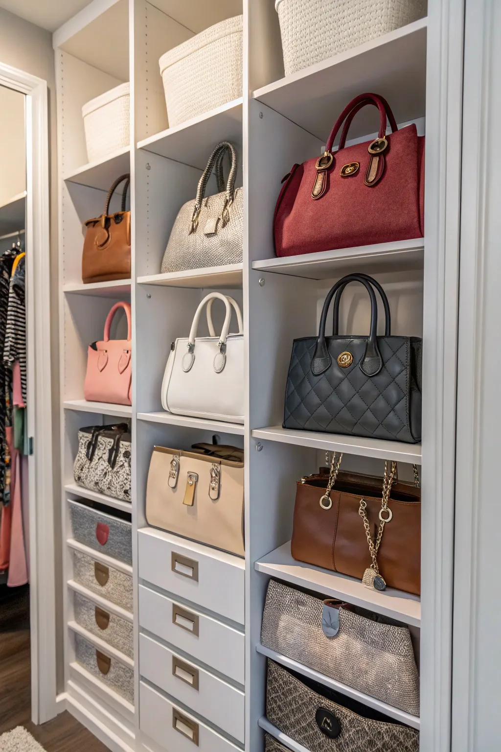 Closet featuring dividers for organized handbag storage.