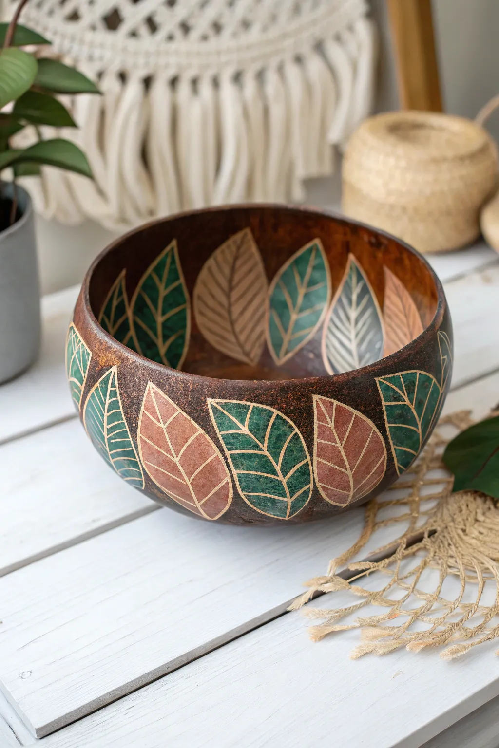Discover the art of nature with leaf-inspired coconut painting.
