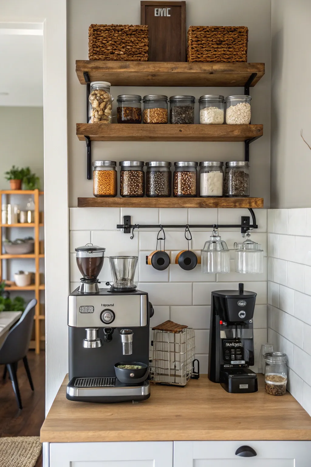 A kitchen wall featuring wall-mounted coffee bar accessories.