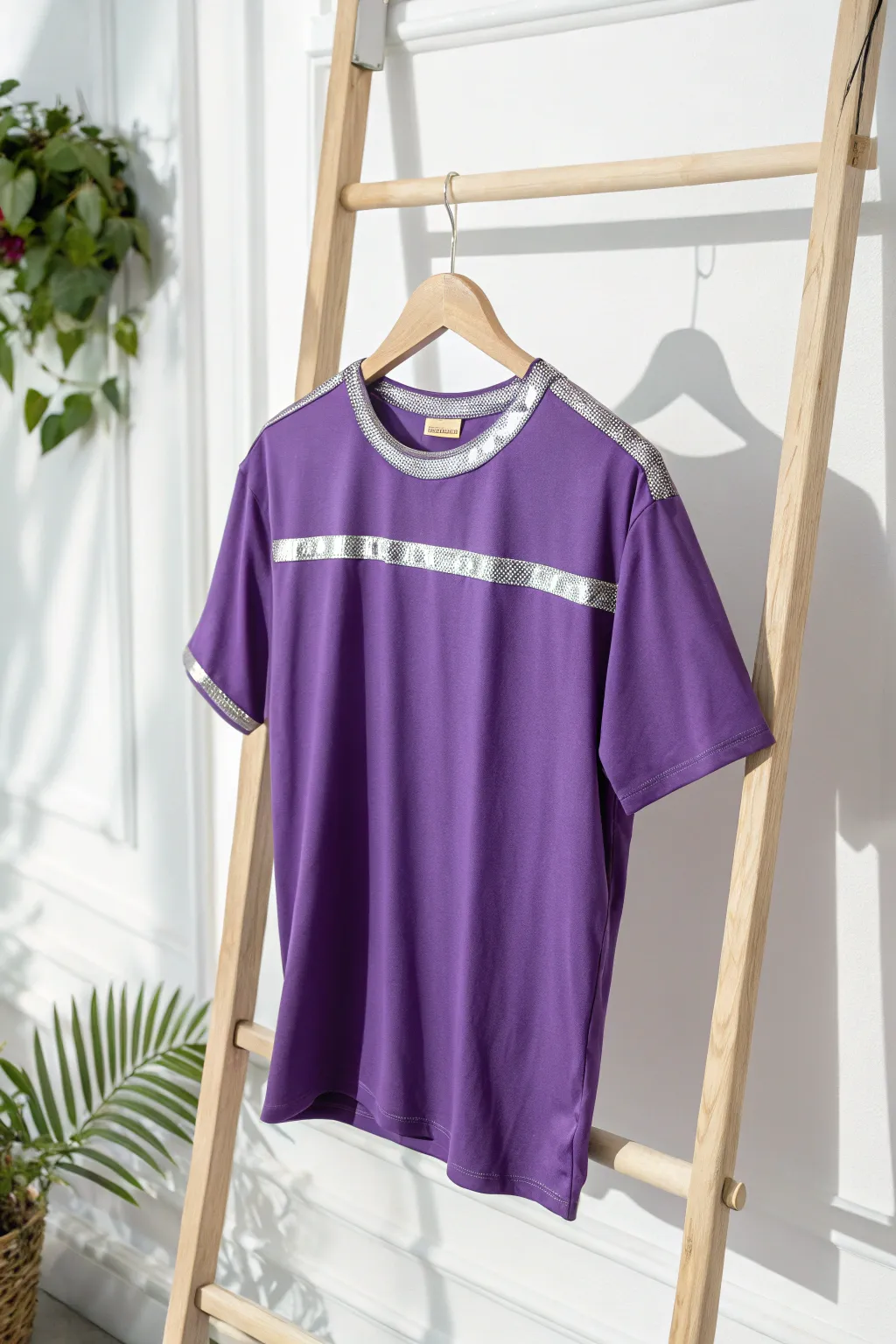 Add a touch of glam with reflective details on your favorite purple tee for an unforgettable night out.