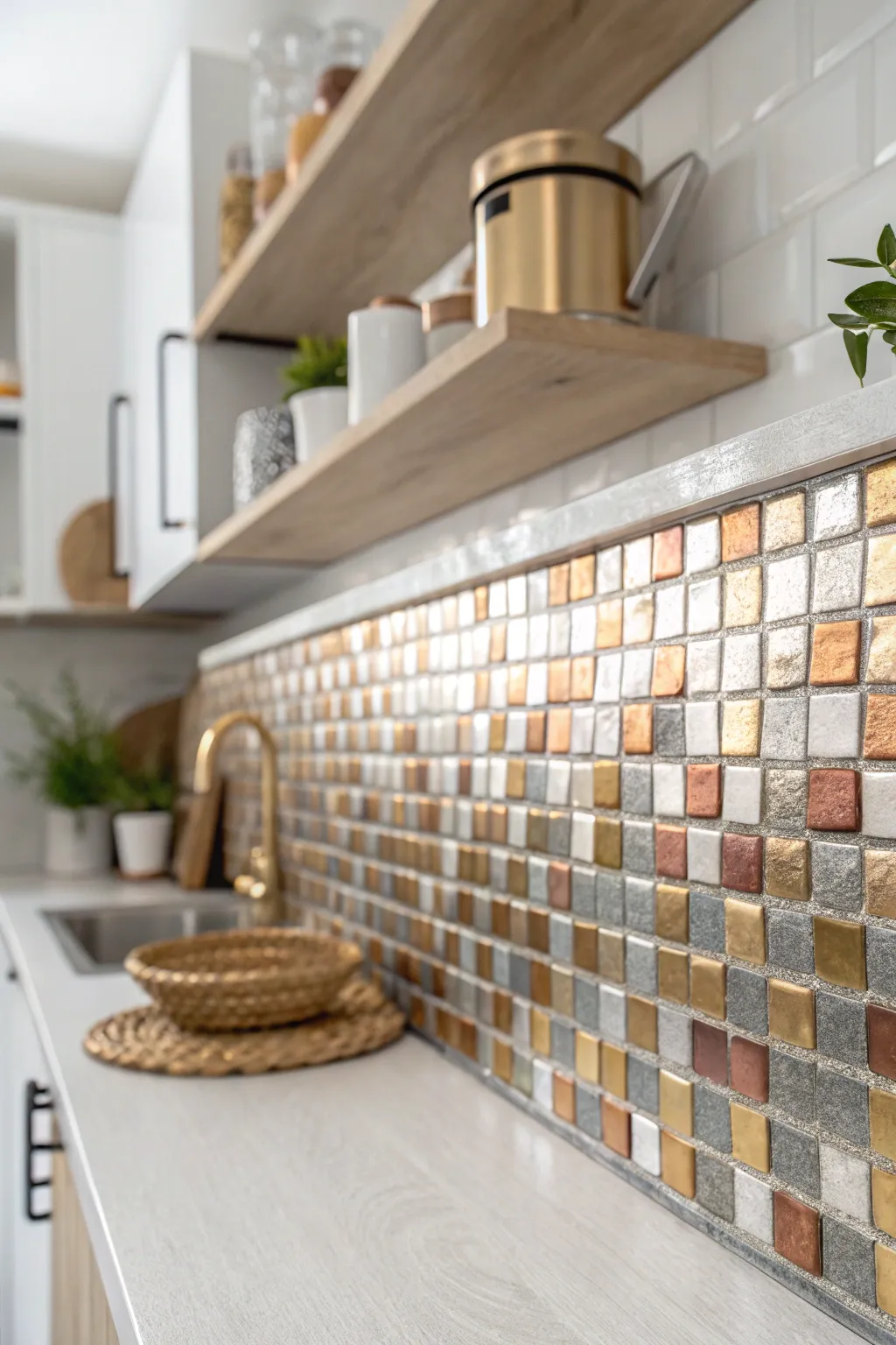 Elevate your kitchen's elegance with a shimmering metallic mosaic backsplash that marries luxury with minimalist charm.