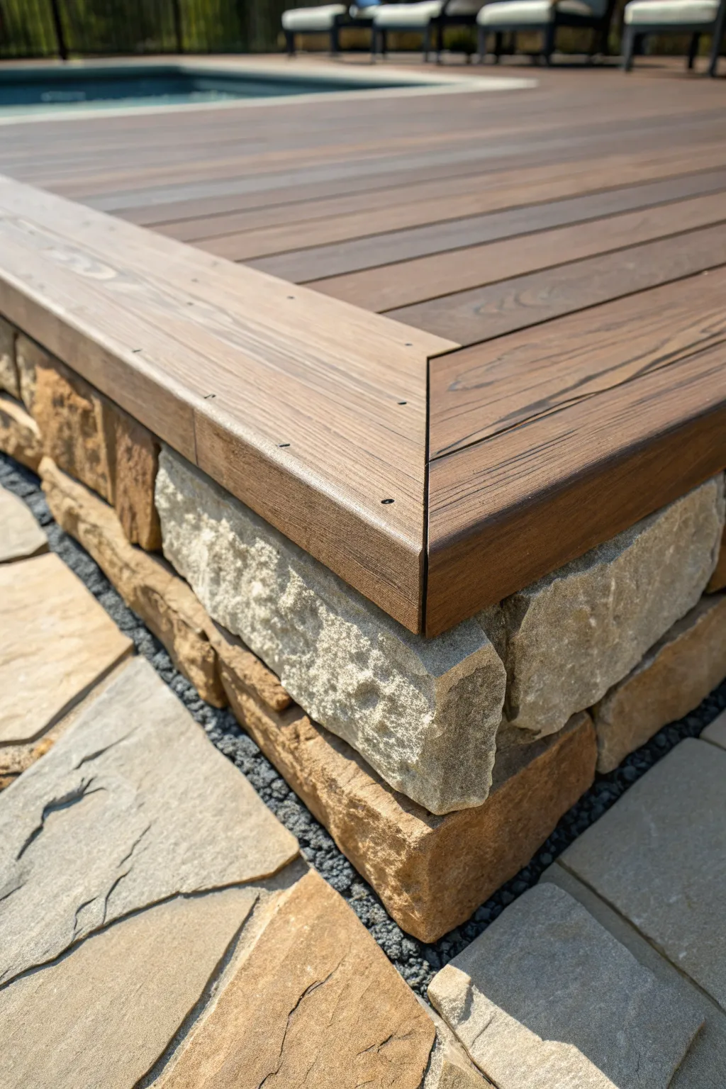 Elevate your outdoor space with a masterful blend of stone and wood textures.