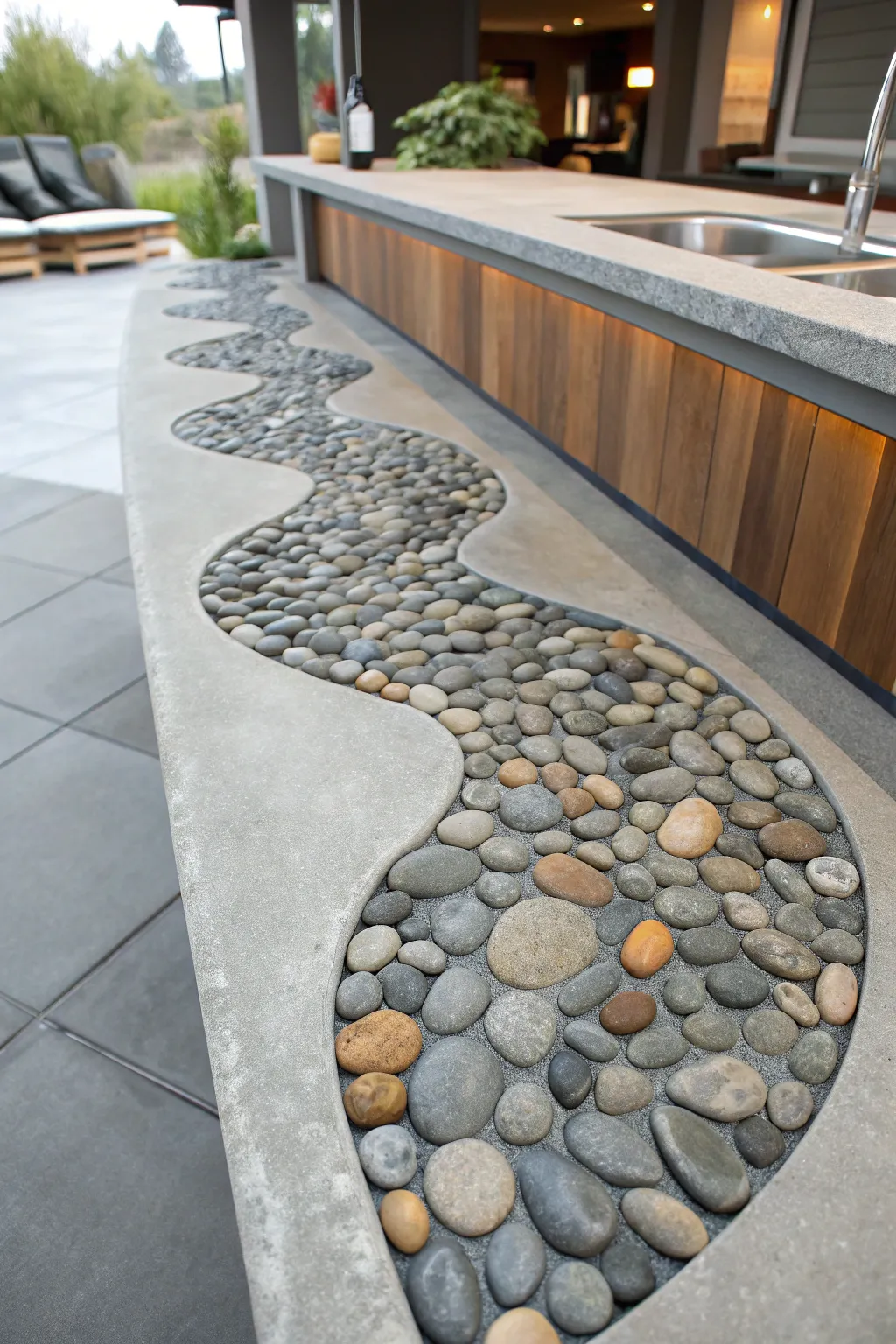 Bring the tranquility of nature into your kitchen with a riverbed stone inlay countertop.