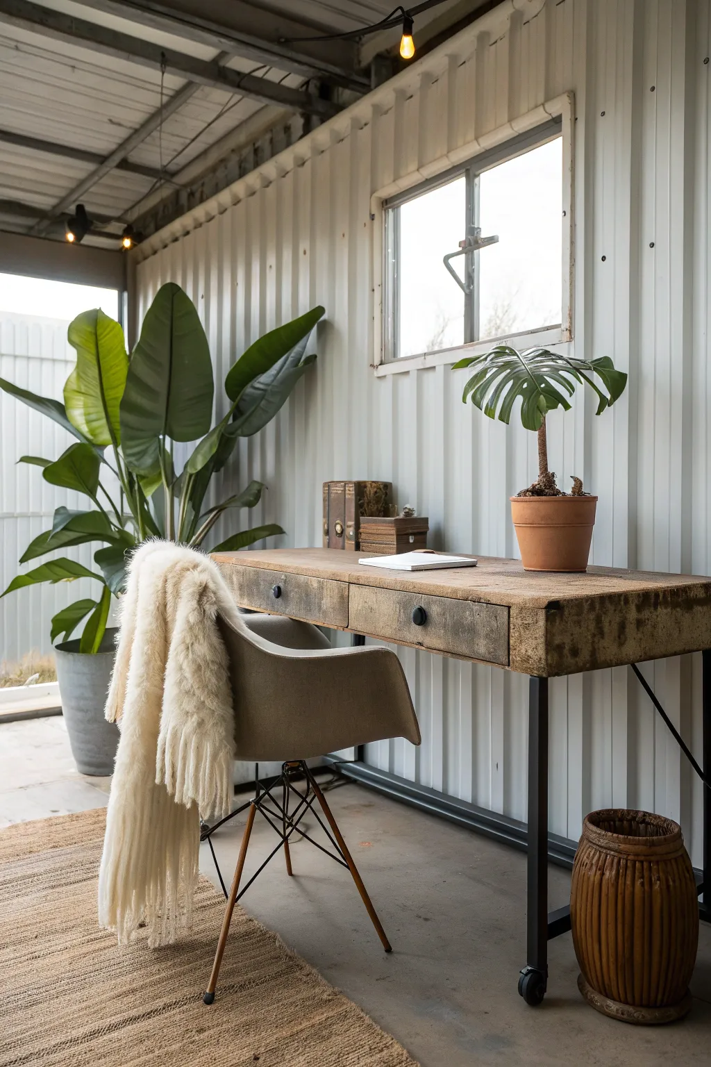Transform your office space: where industrial charm meets cozy comfort.