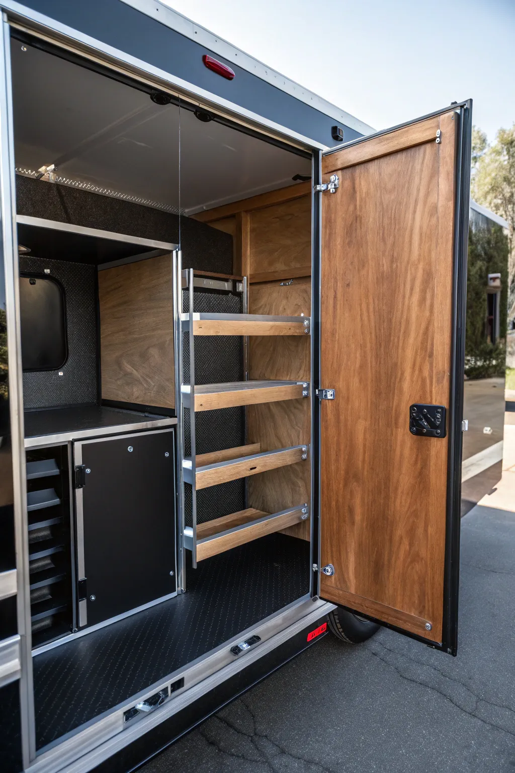 Maximize your trailer space with sleek folding shelves—where craftsmanship meets functionality.
