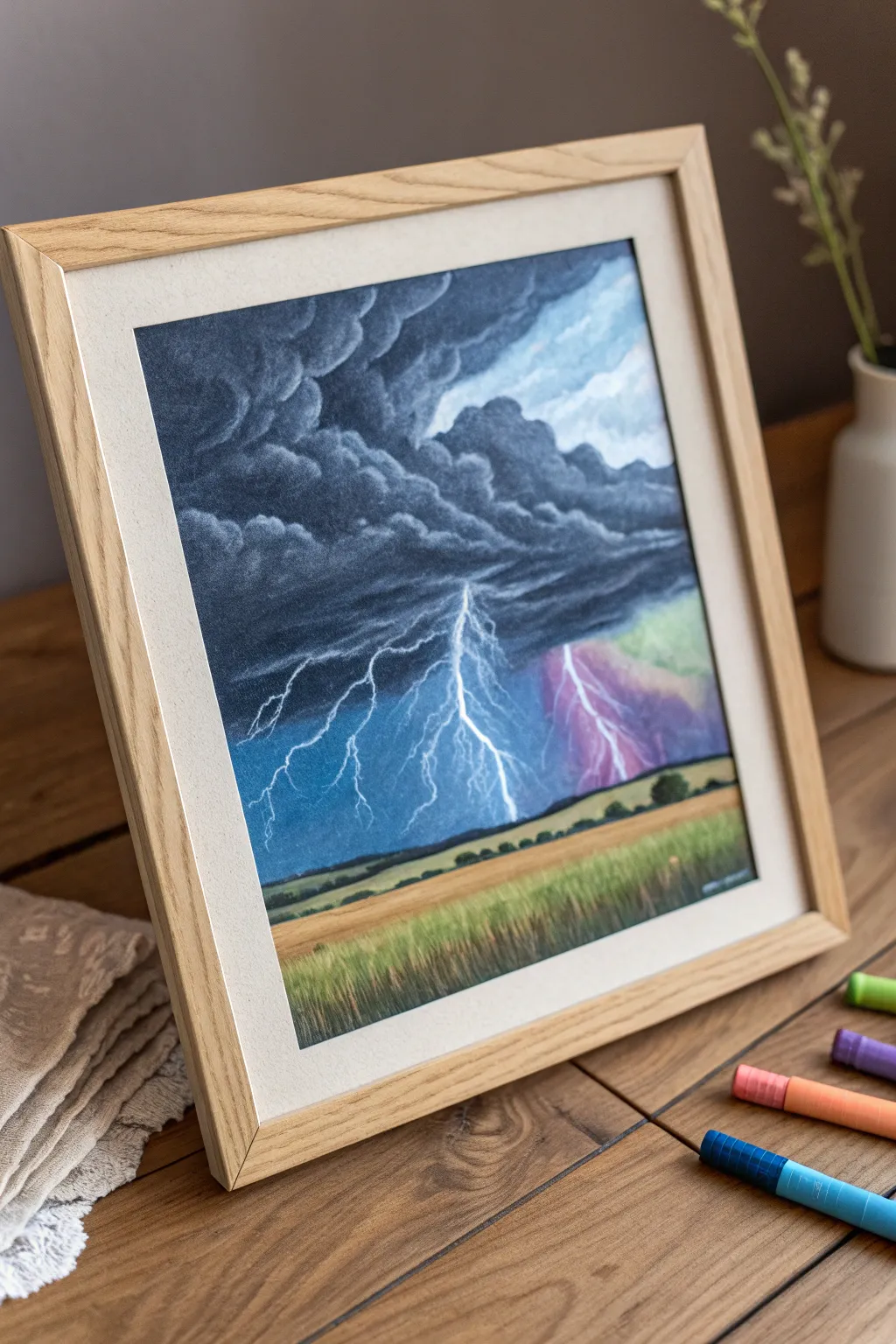 Bring the drama of nature indoors with this stunning oil pastel stormy sky scene, perfect for adding depth and contrast to any minimalist space.