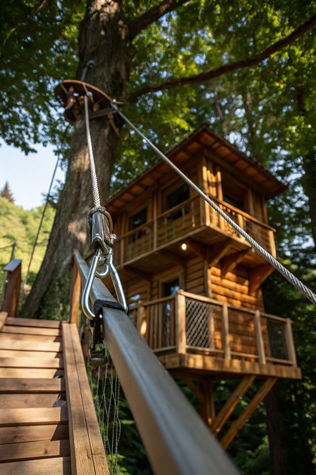 Experience the thrill: a handcrafted zipline for adventurous treehouse escapes.