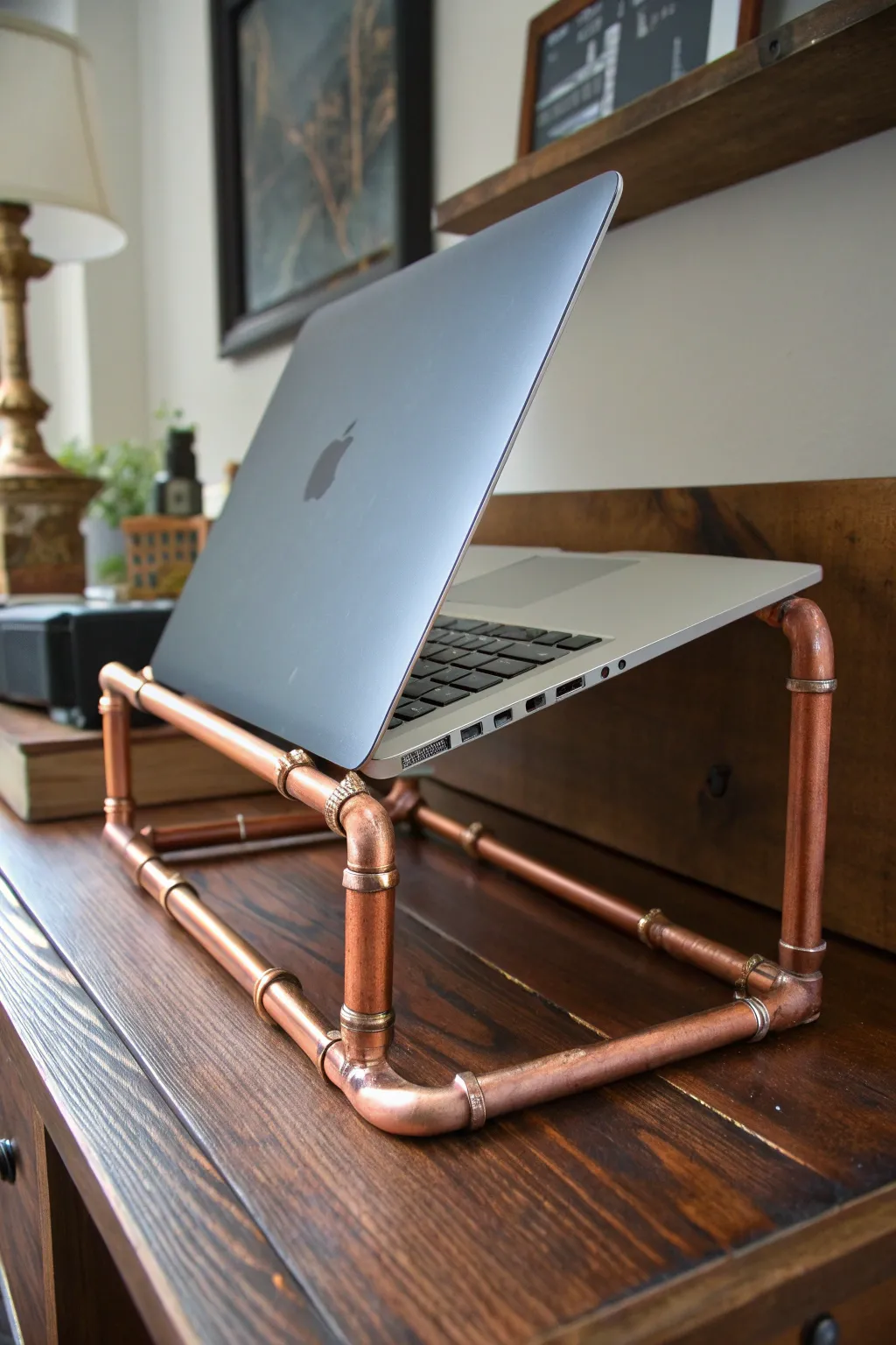Elevate your workspace with a handcrafted copper pipe laptop stand, blending sleek design with ergonomic functionality.