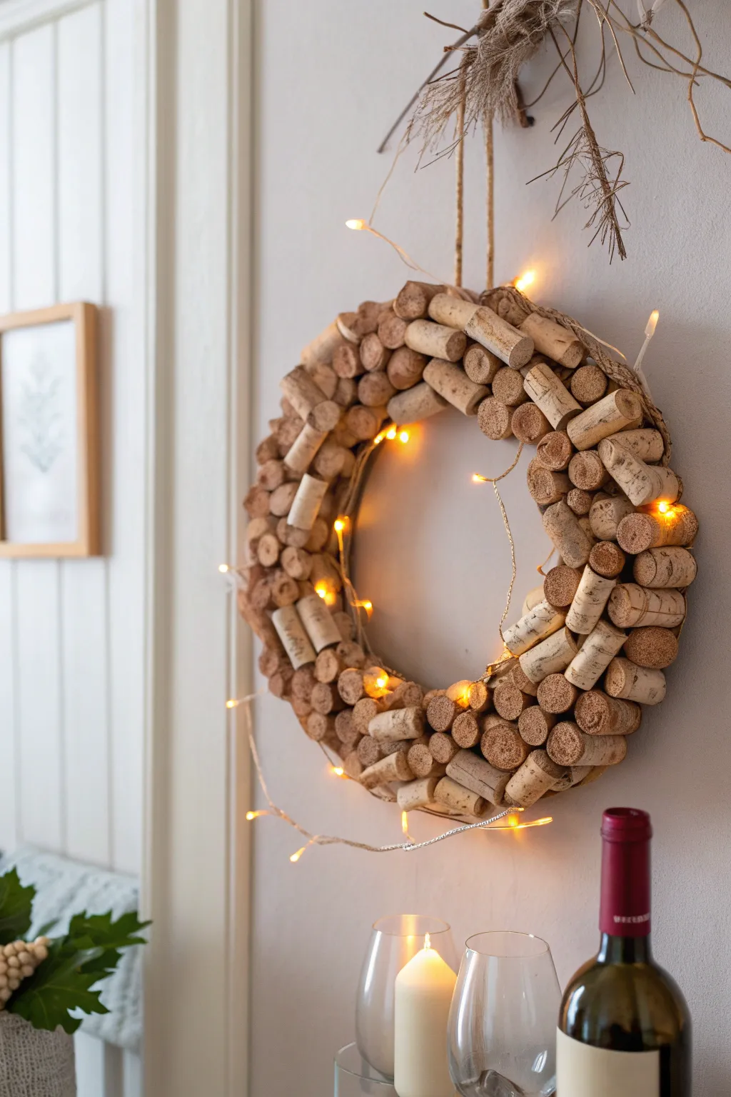 Illuminate your space with the enchanting glow of a cork wreath adorned with fairy lights, perfect for creating a cozy evening ambiance.