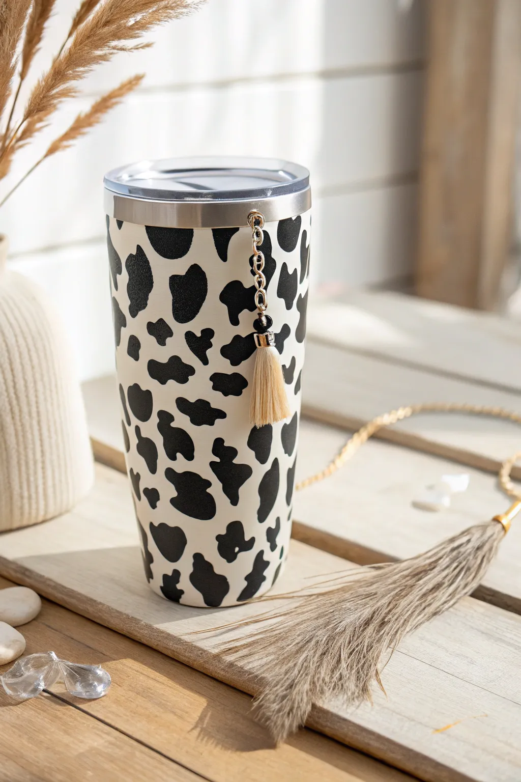 Sip in style with a boho-inspired cow print tumbler that blends bold patterns with natural elegance.
