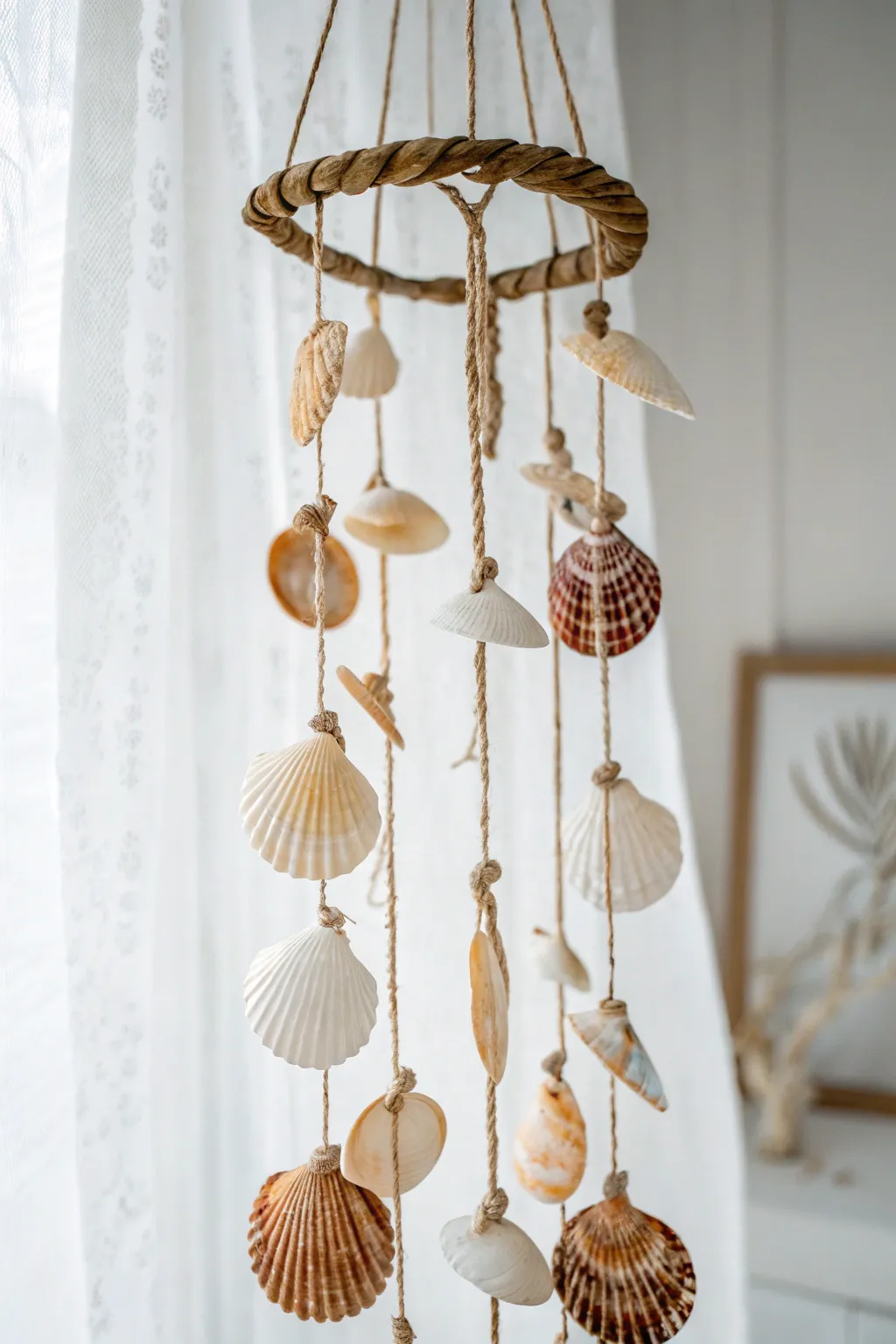 Embrace coastal serenity with handcrafted shell wind chimes, perfect for a minimalist sanctuary. 🌊✨