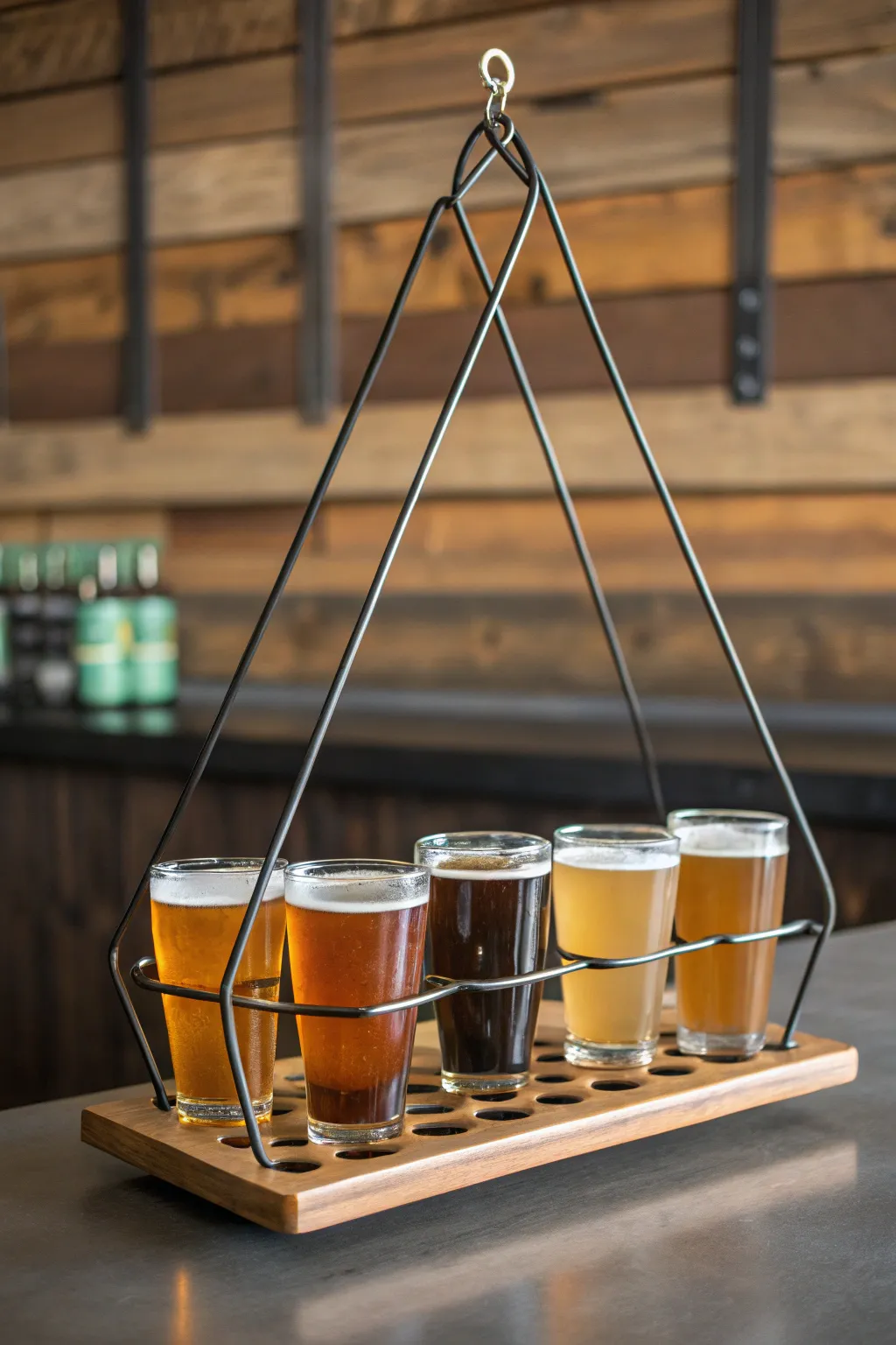 Elevate your beer tasting experience with a suspended wire rack that combines style and functionality.
