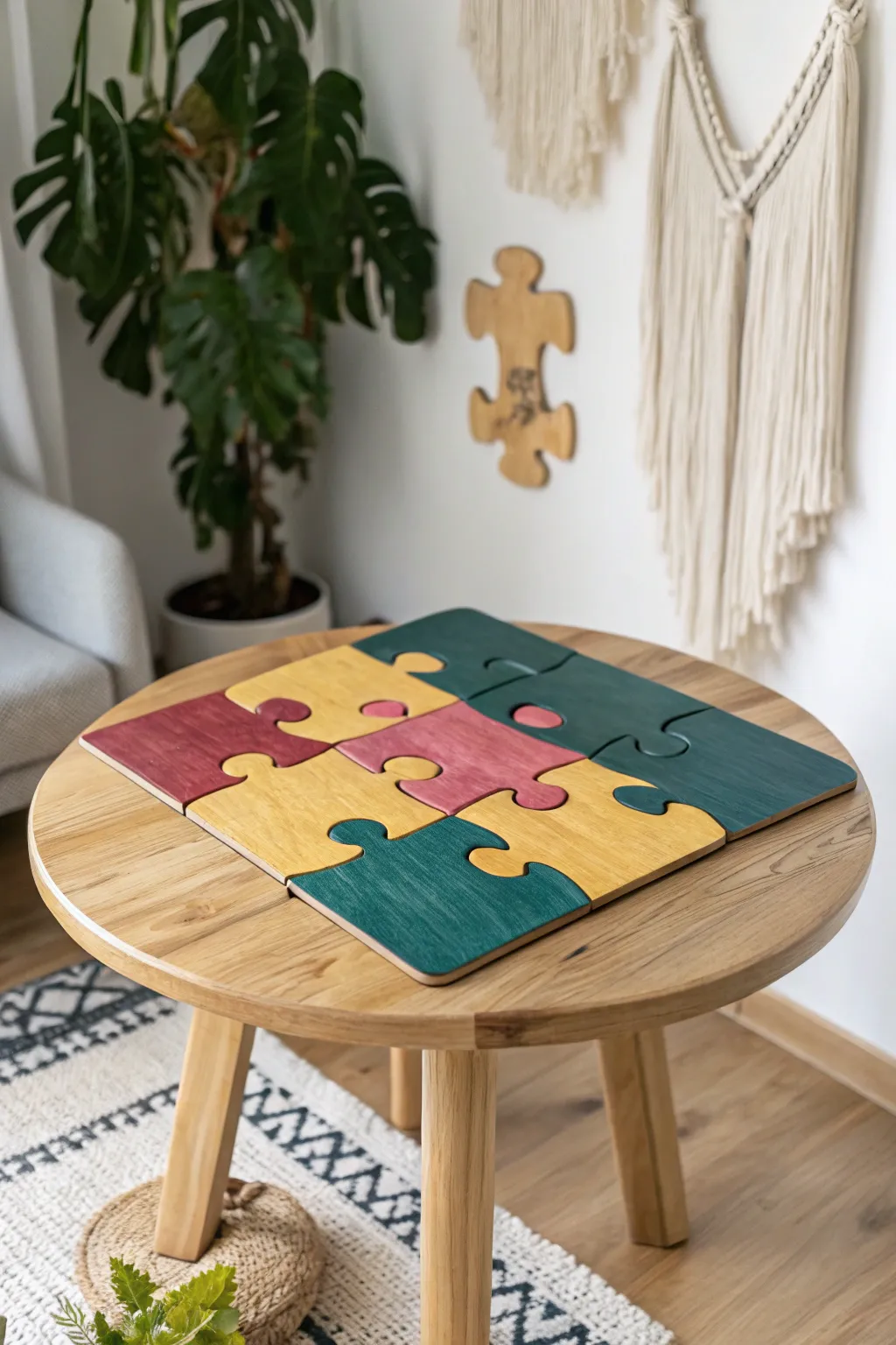 Transform your space with a playful puzzle piece tabletop design—where craftsmanship meets creativity in bold colors.