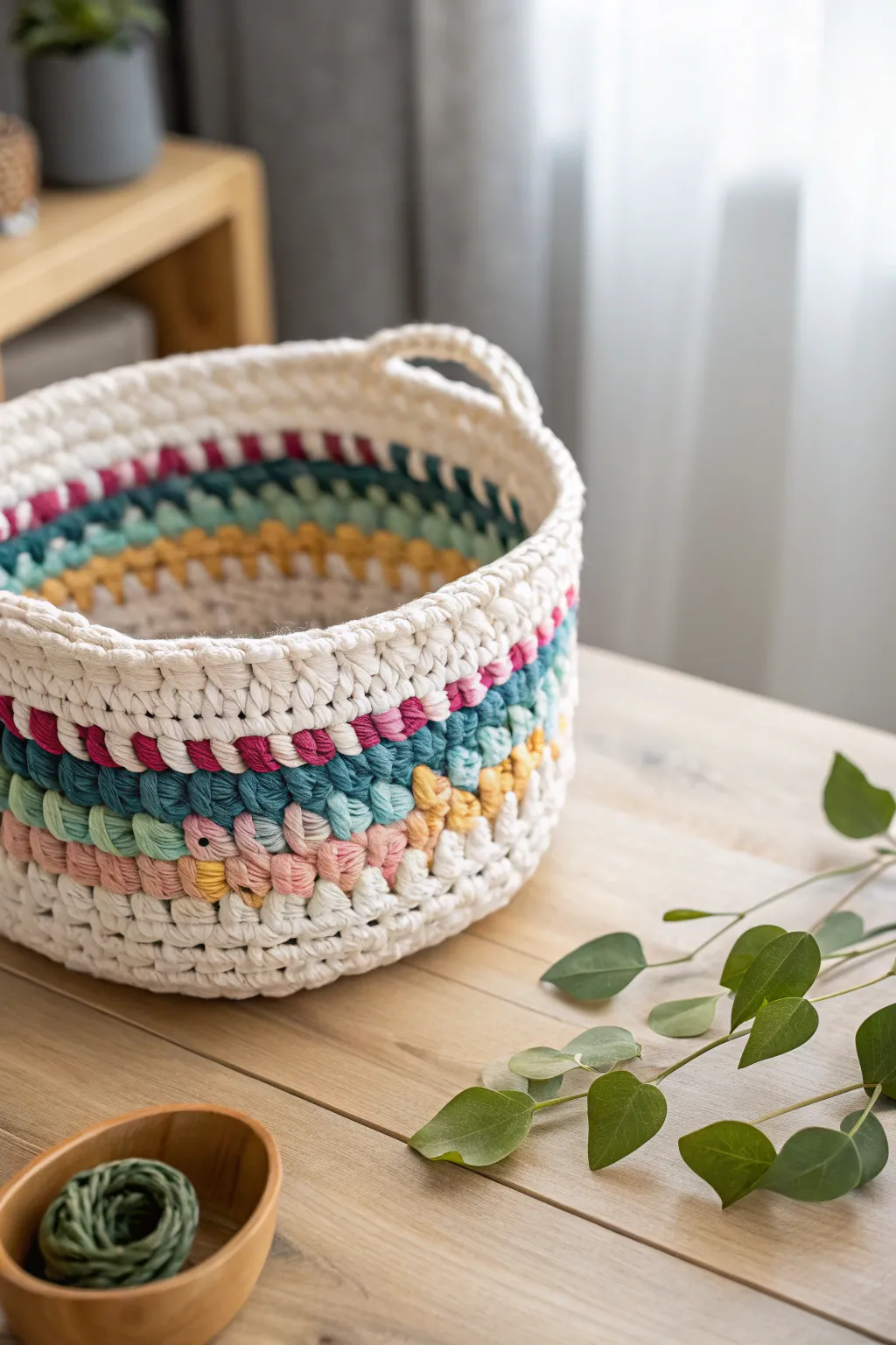 Vibrant elegance meets Scandinavian simplicity with this handmade patchwork crochet basket.