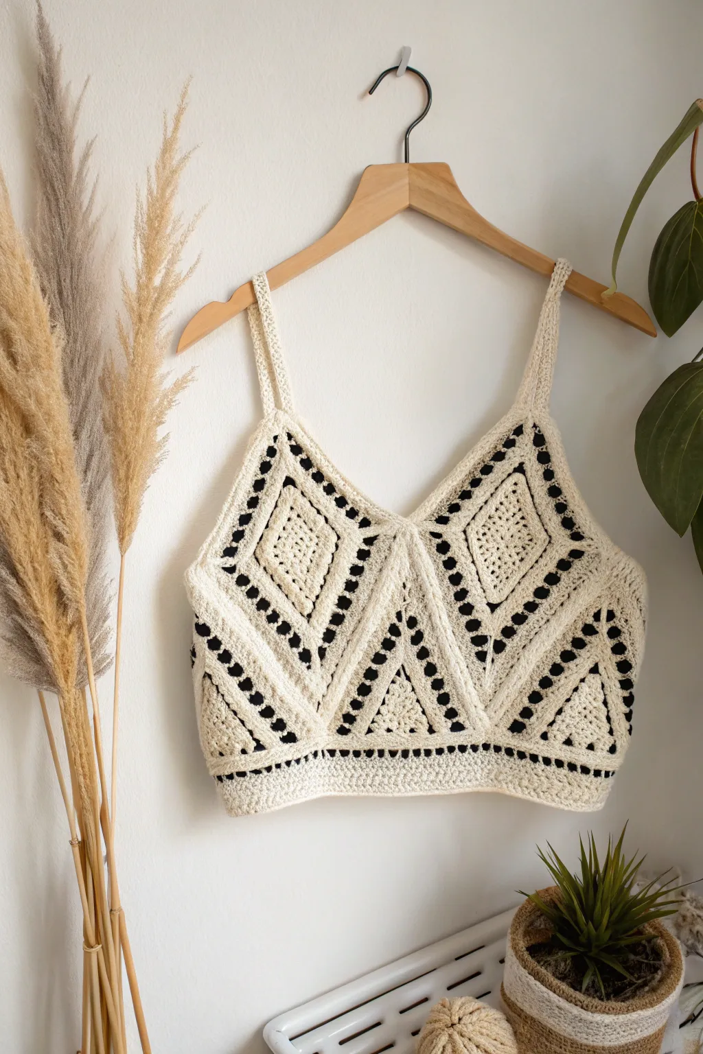 Embrace the art of simplicity with a bold twist—this geometric crochet crop top is your next statement piece.