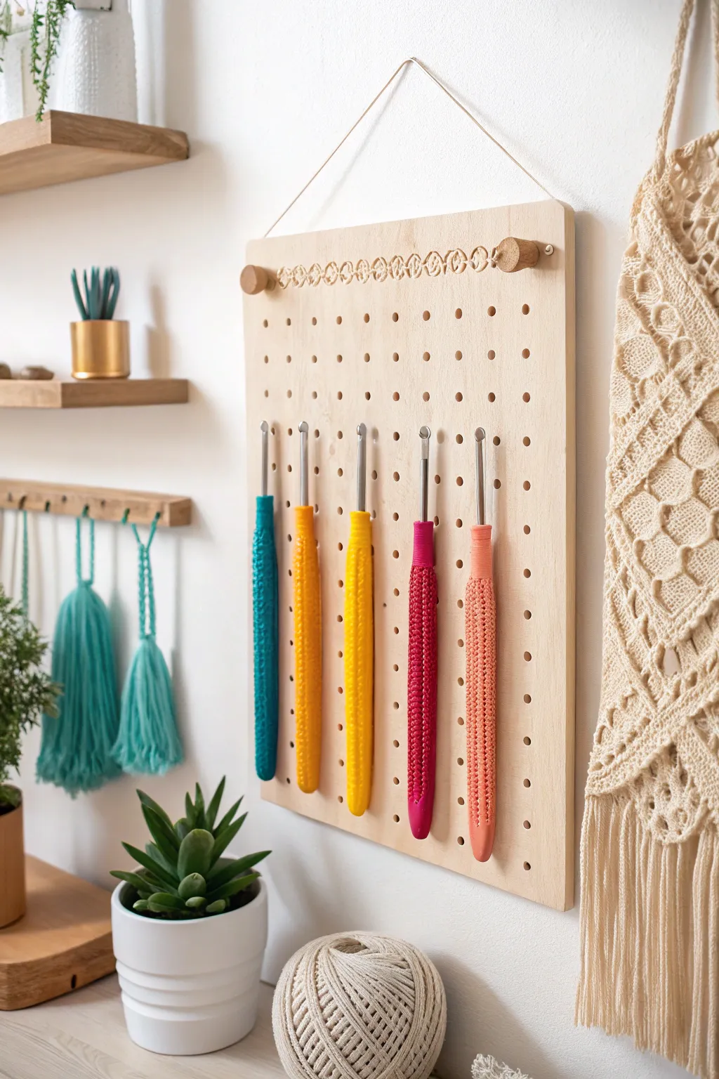 Elevate your crochet corner with a stylish pegboard—where organization meets artistry!