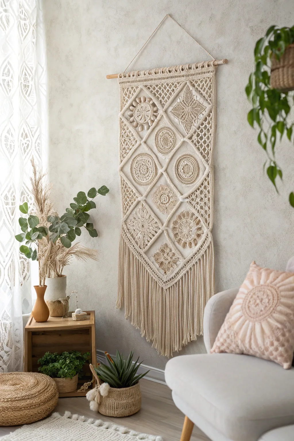 Elevate your living space with the charm of handcrafted crochet art. Perfect for adding a touch of elegance and warmth.