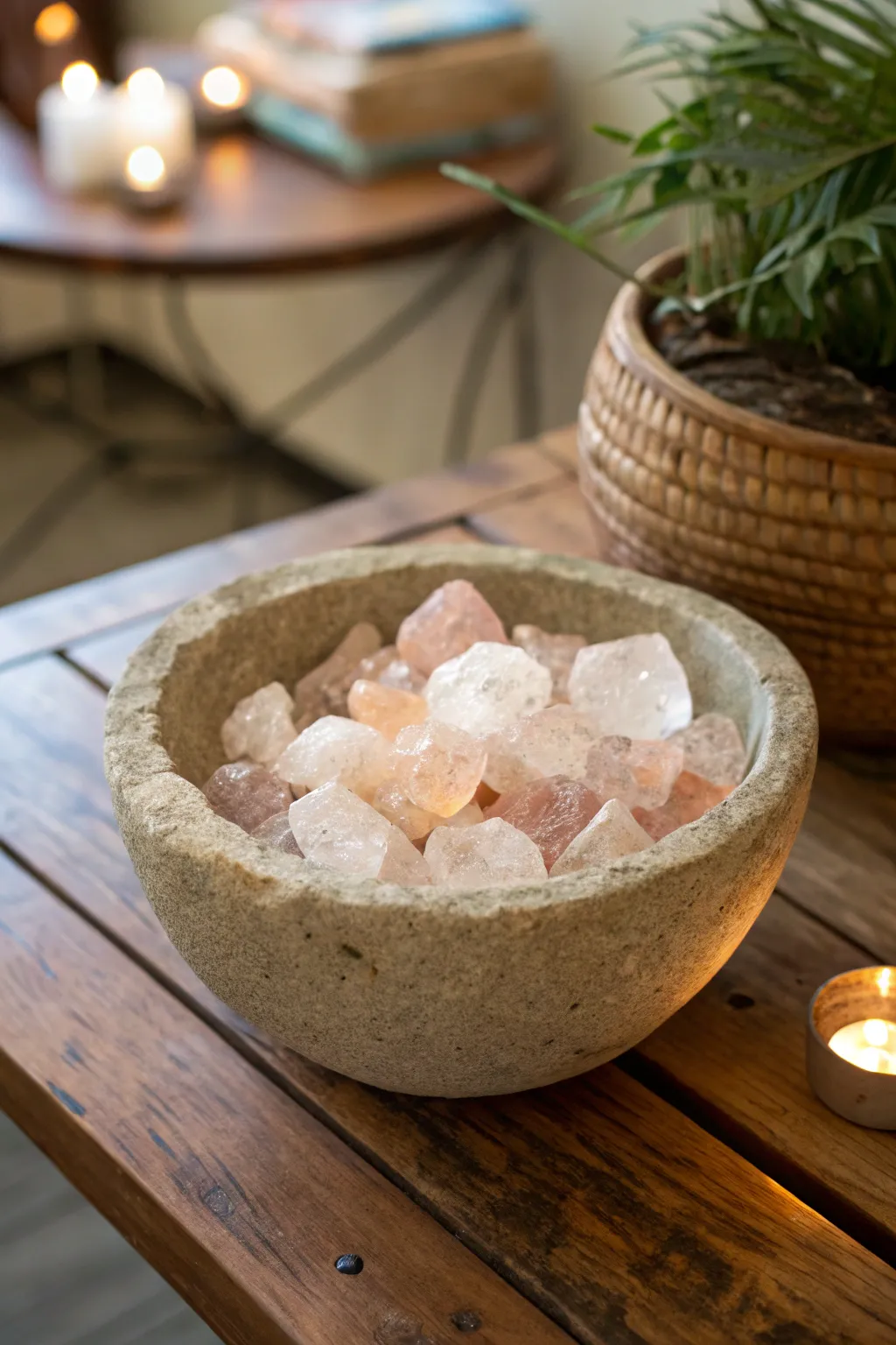 Natural stone bowls elegantly showcasing crystals.