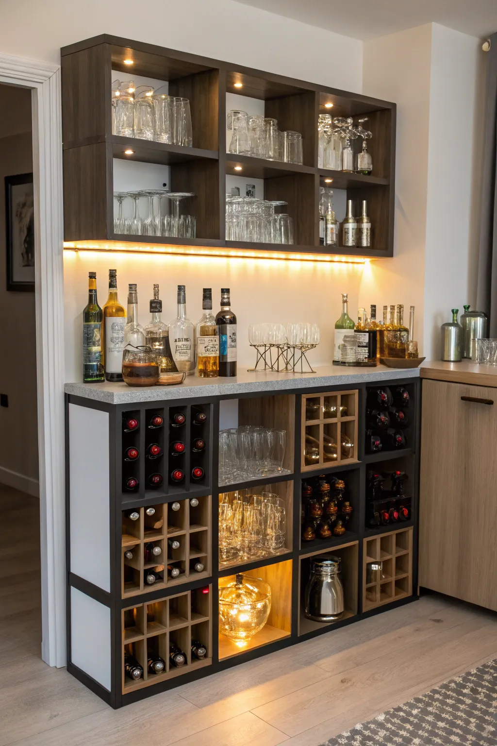 Cube storage creates a chic and functional home bar.