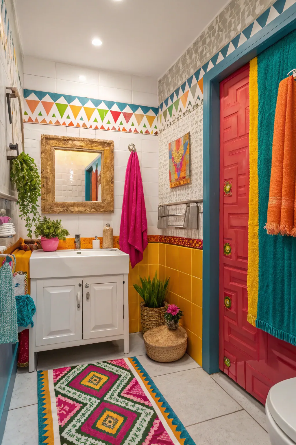Colorful accents bring life and energy to this custom bathroom.
