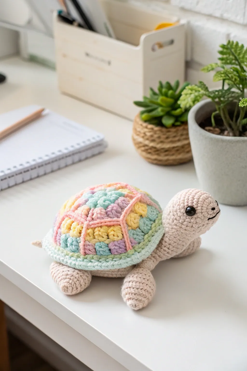 Meet your new desk buddy: a charming crochet tortoise with a colorful shell, bringing joy and simplicity to your workspace.