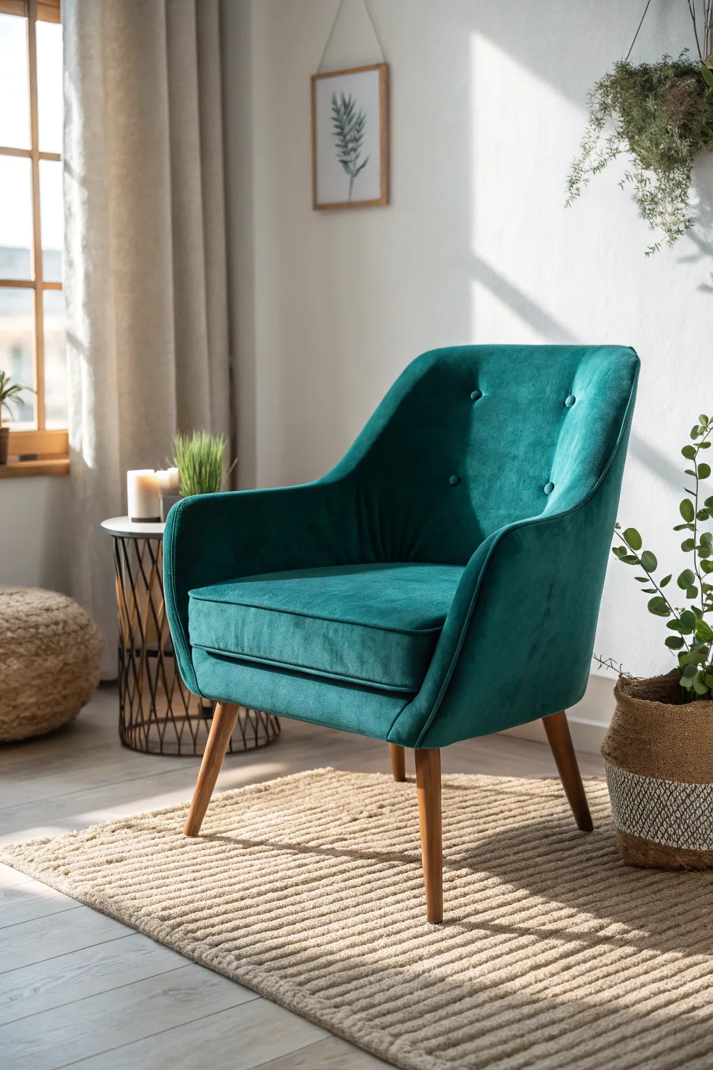 Transform your space with a touch of teal luxury: a velvet chair that speaks simplicity and style.
