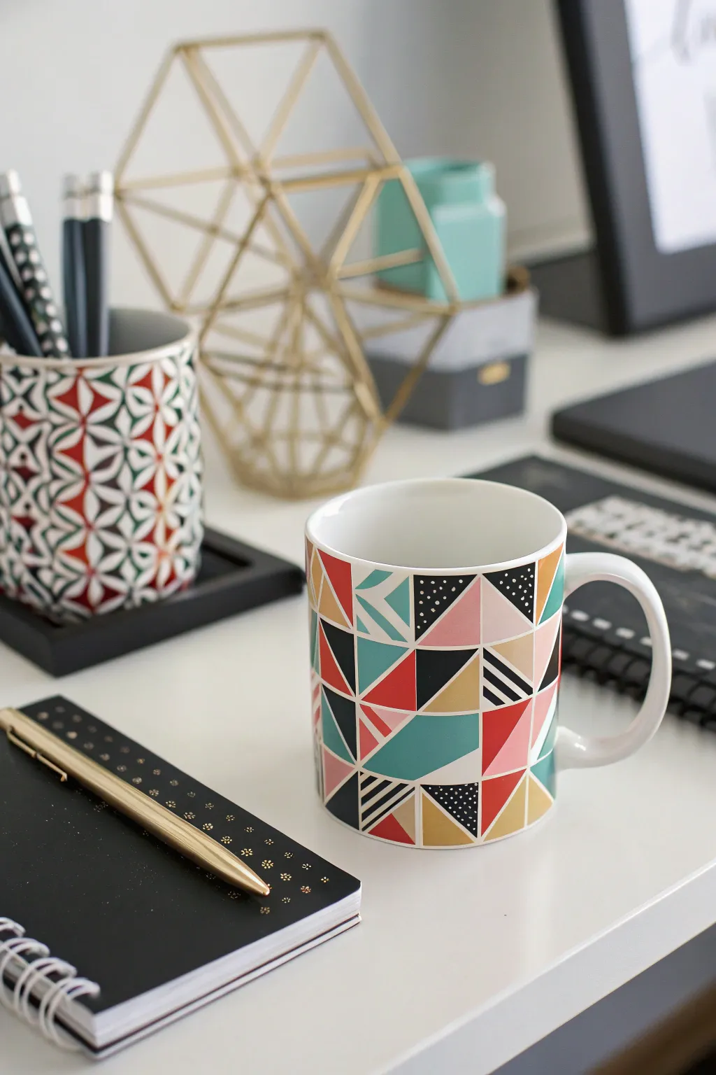 Geometric pattern mugs offer a chic and contemporary design.