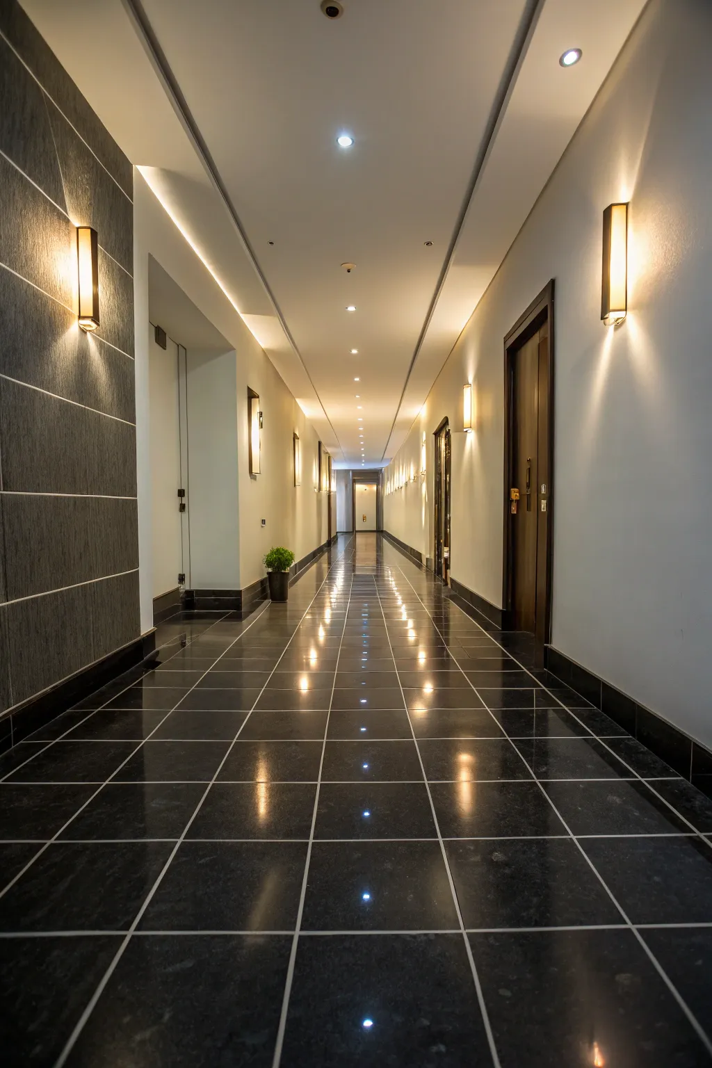 A gallery-like hallway with elegant dark tiles.