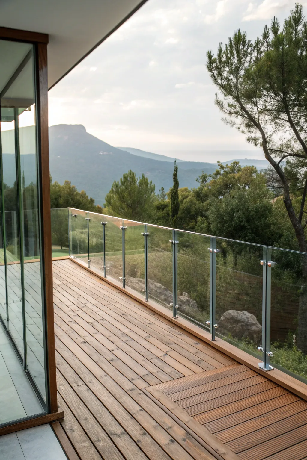 Elevate your deck's design with sleek glass railings for an unobstructed view of nature.