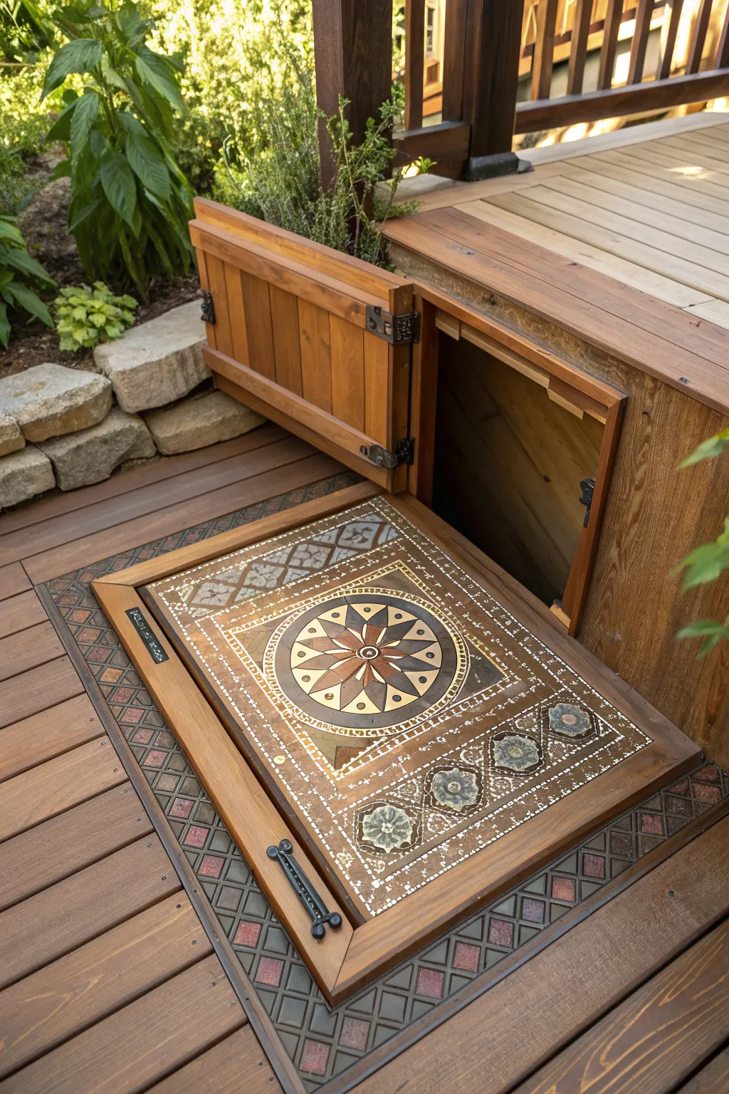 Unlock the art beneath your feet with a mosaic masterpiece on your deck's trap door.