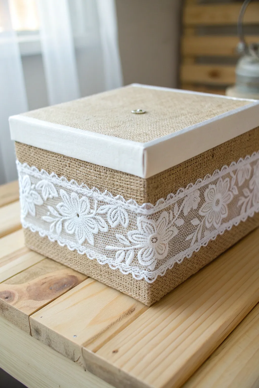 Discover the beauty in contrasts with layered textures: a touch of lace over rustic burlap for an elegant, handcrafted finish.