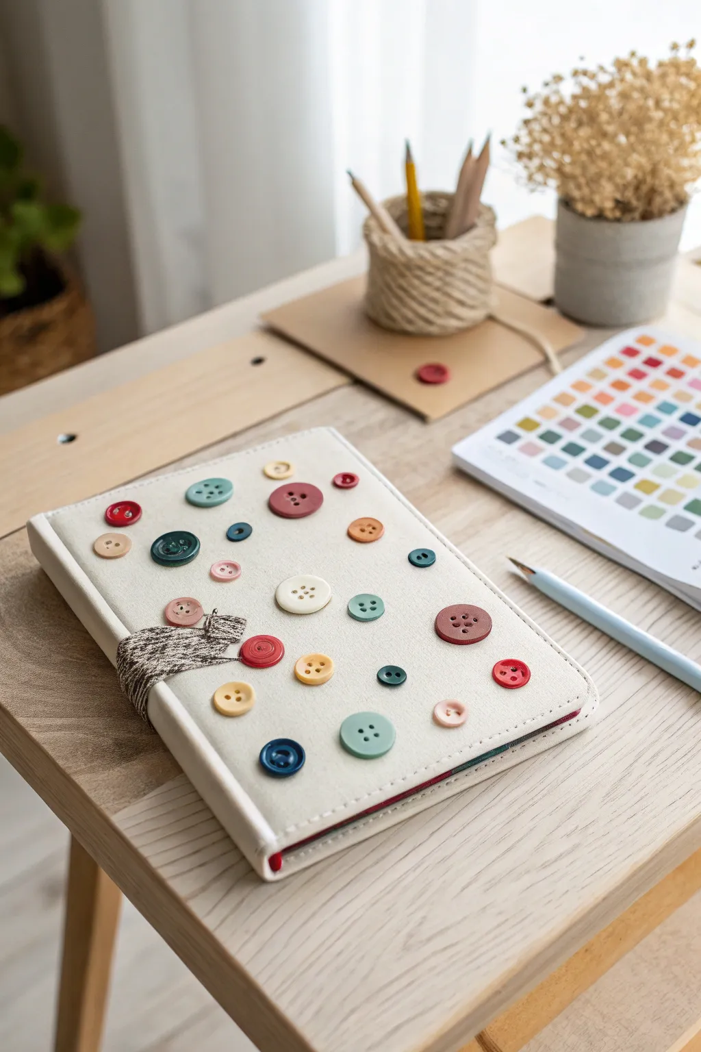 Add a touch of whimsy to your notebook with a creative button bonanza!