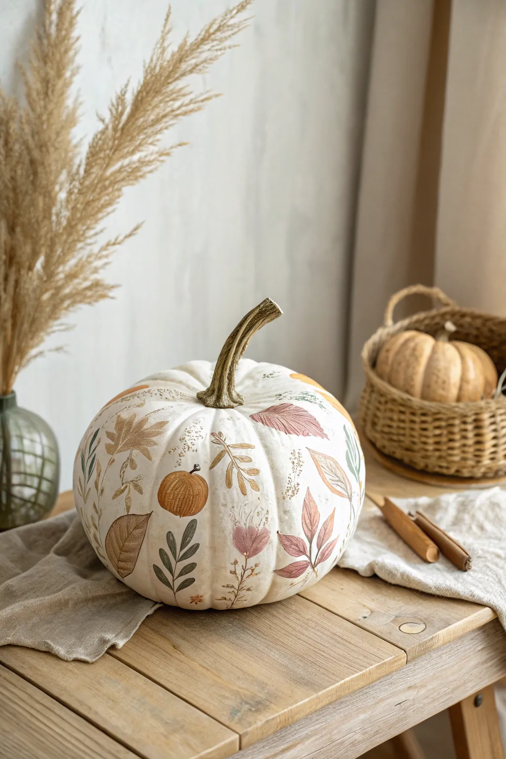 Elevate your autumn decor with an abstract touch—decoupage your pumpkin with artful napkin designs for a chic, conversation-worthy centerpiece.