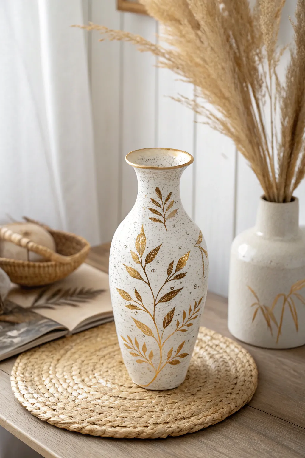 Elevate your decor with a touch of gold: this decoupage vase shines with minimalist elegance.