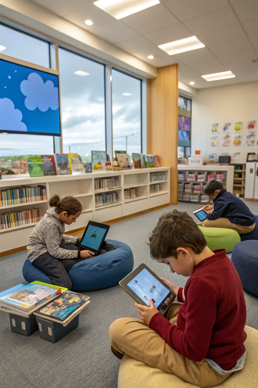 Modern technology complements traditional reading in a children's library.