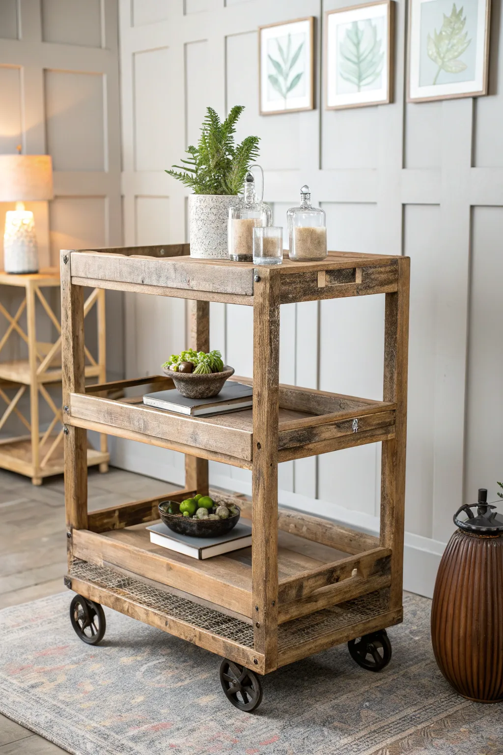 Craftsmanship meets sustainability: A cart with rustic reclaimed wood shelves, perfect for the eco-conscious enthusiast.