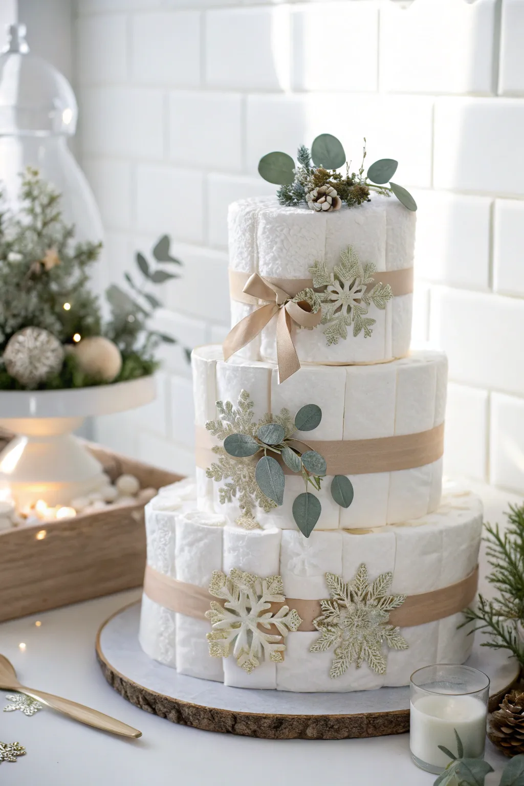 Celebrate the season with elegance and charm - a winter wonderland diaper cake.
