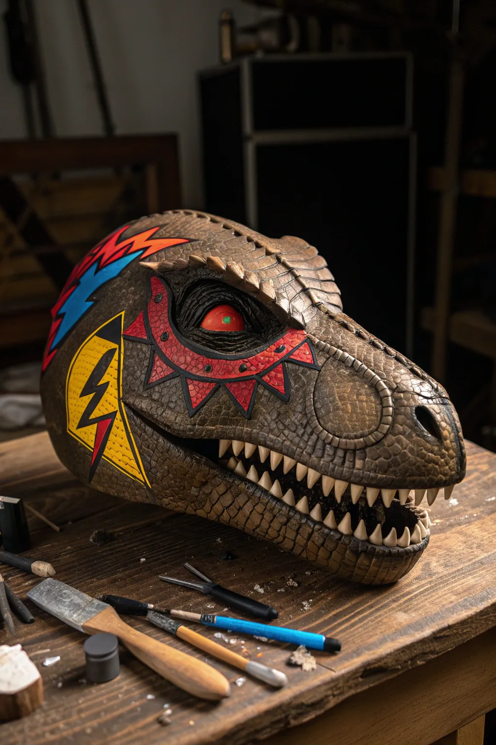 Transform your dino mask with bold graphic stickers for a unique, handcrafted look.