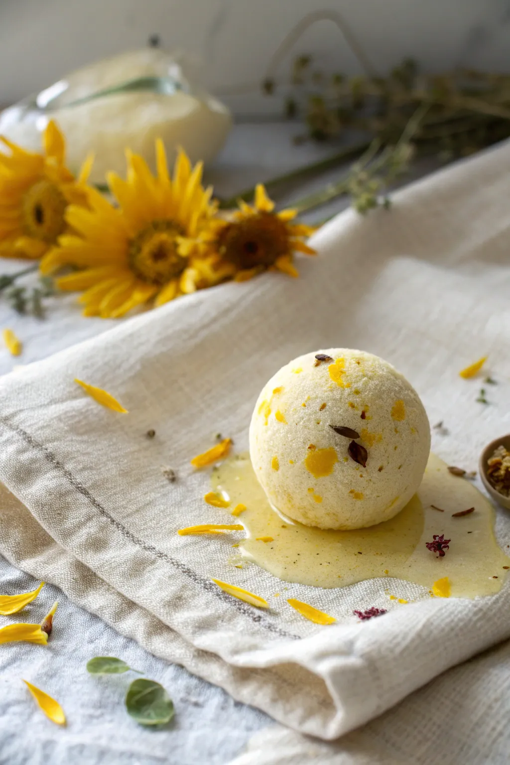 Embrace the sunny charm of a sunflower bath bomb, where simplicity meets natural beauty.