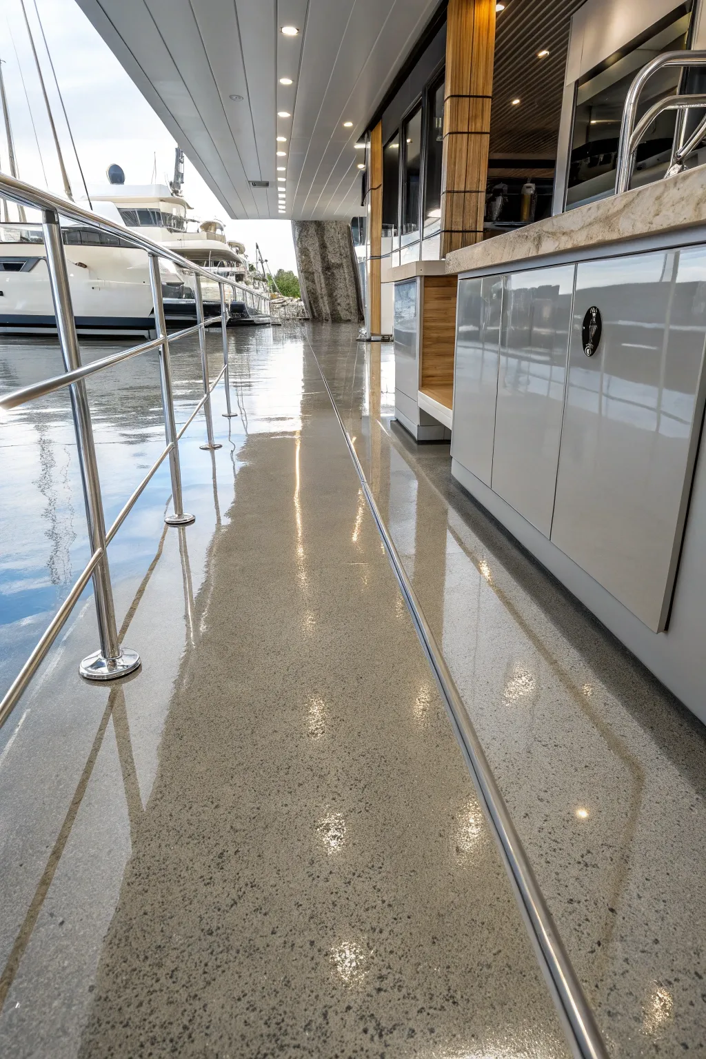 Discover the sleek elegance of a polished concrete boat floor, where modern design meets nautical adventure.