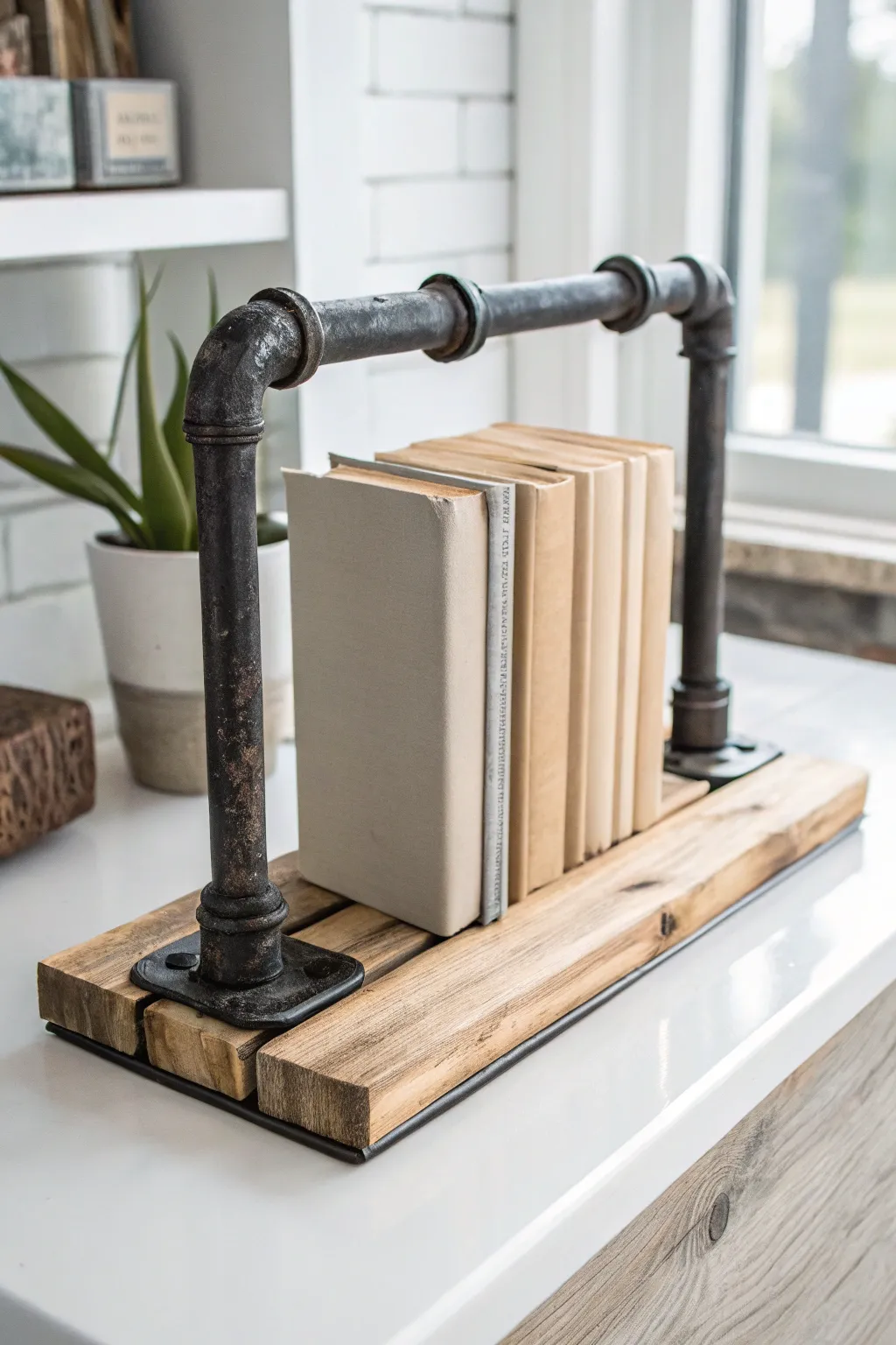 Transform your space with this chic industrial pipe and wood book holder – where rugged meets refined.