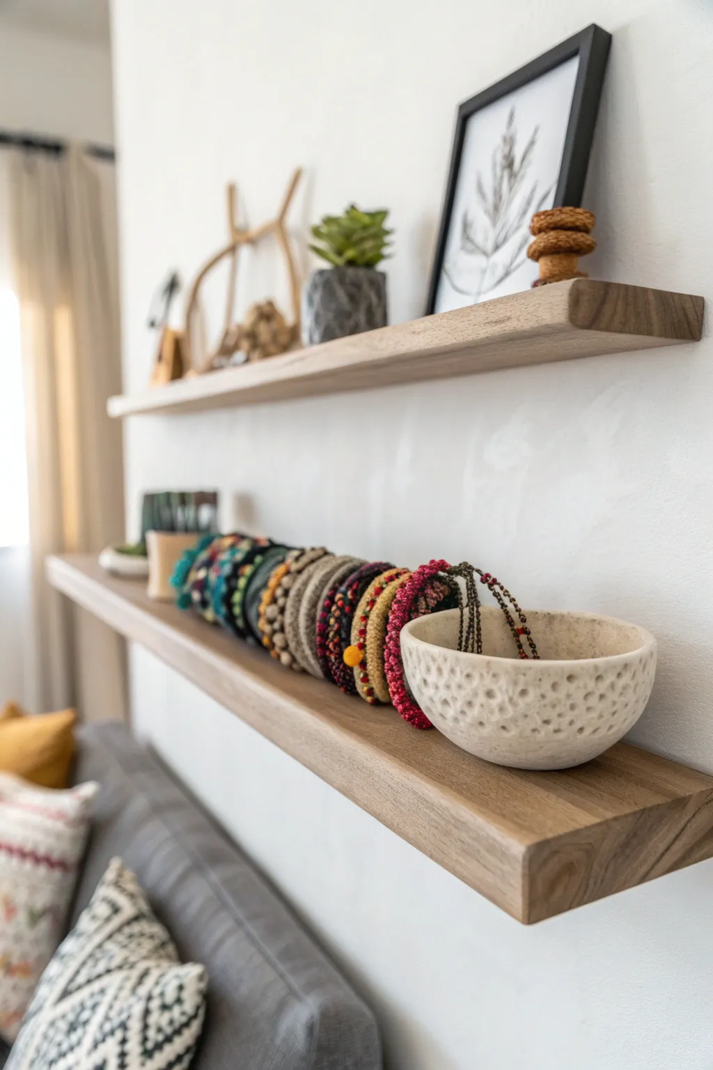Elevate your jewelry display with minimalist floating shelves—where simplicity meets vibrant artistry.