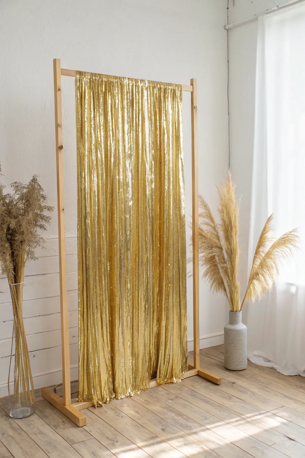 Elevate your bridal shower with this stunning metallic backdrop, where minimalist elegance meets a touch of luxury.
