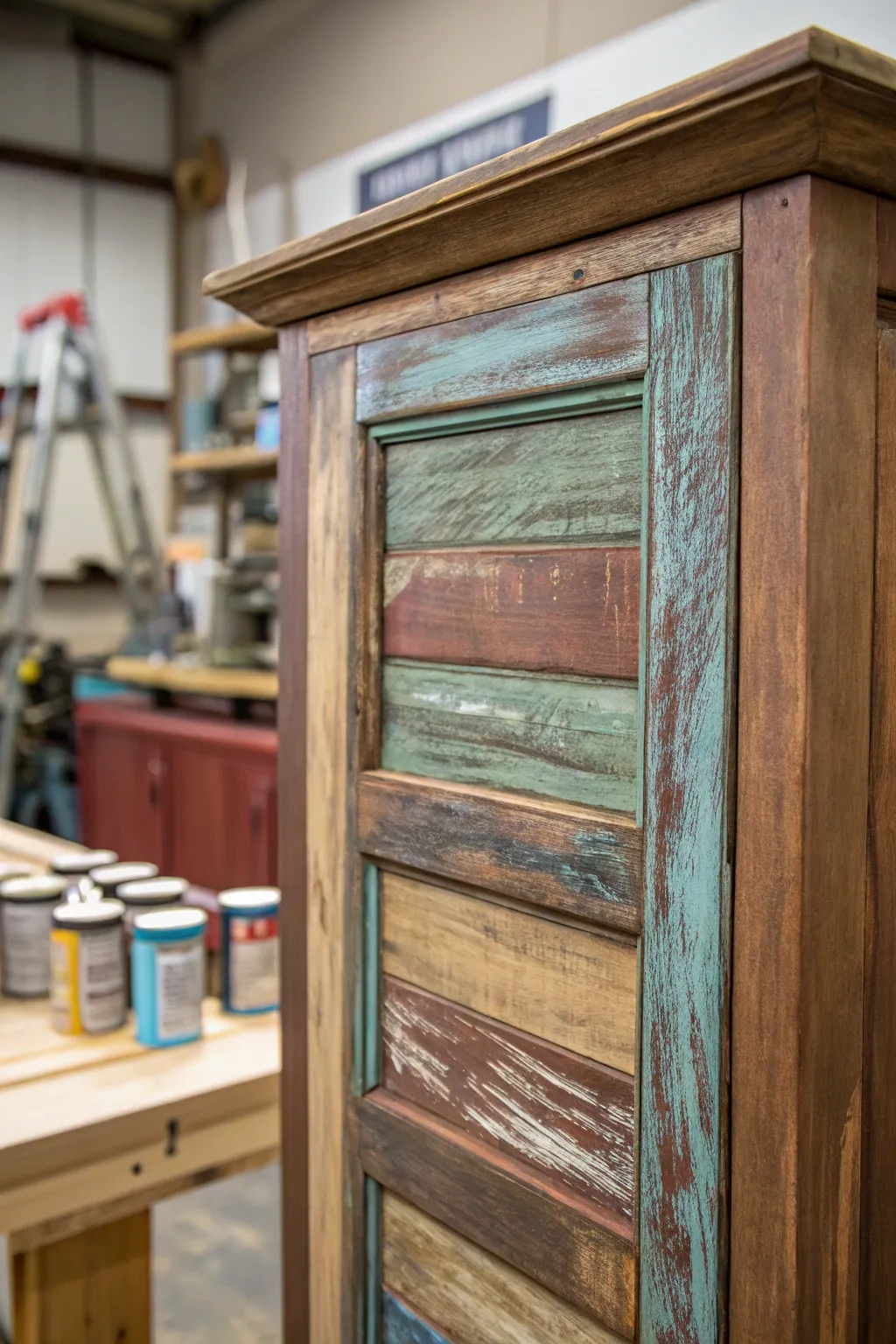 Transform your space with a rustic, layered paint finish—effortlessly adding character and charm to your cabinets.